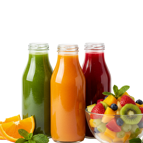 Čerstvé šťavy, smoothie, krájané ovocie