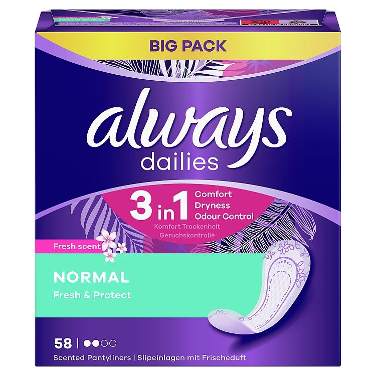 Always Dailies Normal Fresh & Protect so sviežou vôňou Intímky 58 ks