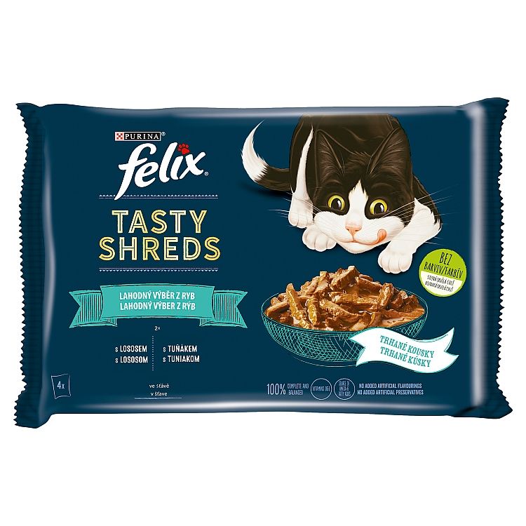 Felix Tasty Shreds kapsičky pre mačky losos, tuniak v šťave 4x80 g