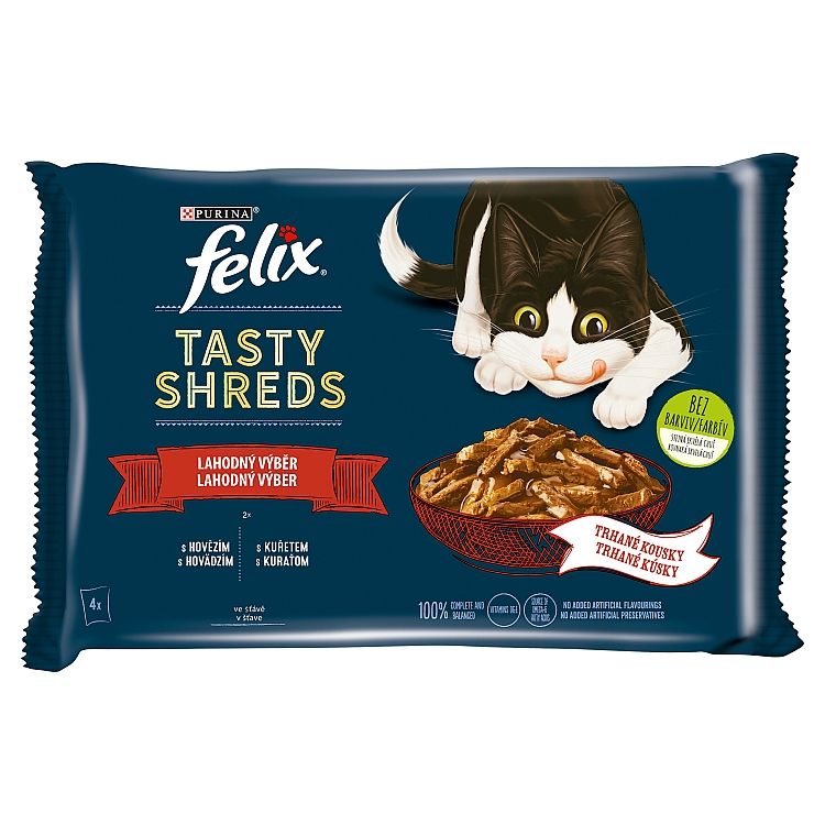 Felix Tasty Shreds kapsičky pre mačky hovädzie, kura v šťave 4x80 g