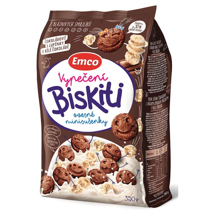 Emco Biskiti ovsené sušienky čokoládové s cereálnymi lupienkami máčanými v bielej čokoláde 350 g
