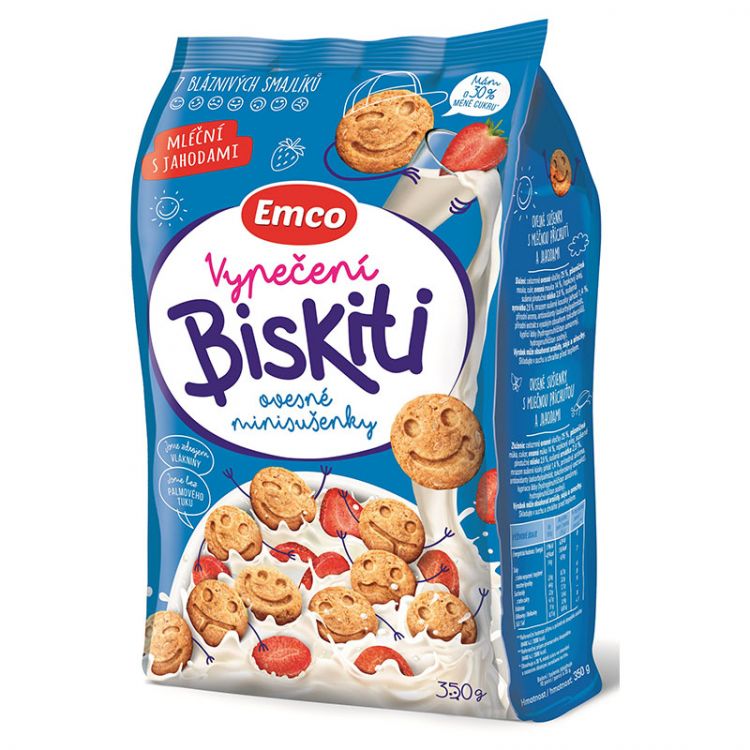 Emco Biskiti ovsené sušienky s mliečnou príchuťou a jahodami 350 g