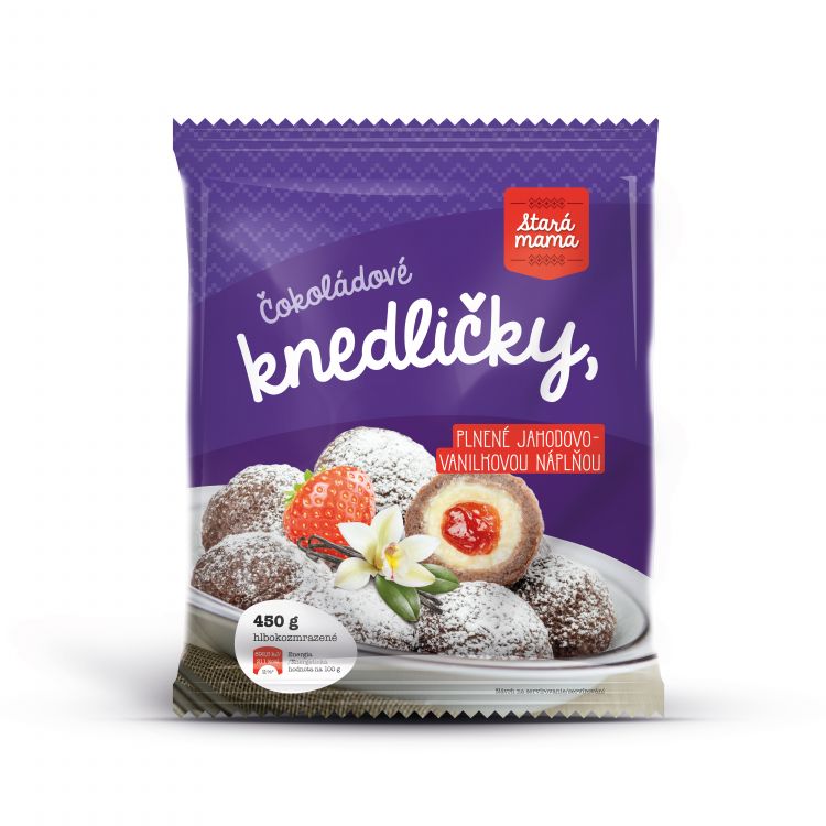 Stará mama Čokoládové knedličky plnené vanilkovo jahodovou náplňou 450 g