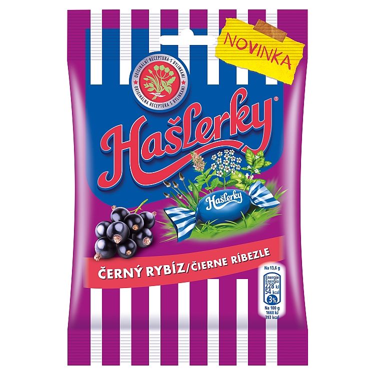 Hašlerky Čierne ríbezle, cukríky s príchuťou bylín, mentolu a čiernych ríbezlí 90 g