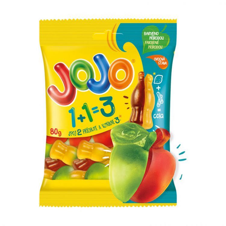 JOJO 1+1=3 želé cukríky s príchuťou ovocia a škorice 80 g