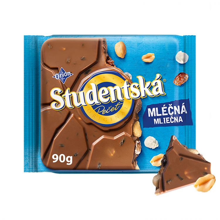 ORION ŠTUDENTSKÁ PEČAŤ mliečna čokoláda s arašidmi, hrozienkami a želé 90g
