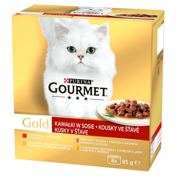 GOURMET GOLD Cat Multipack hovädzie/morka s kačicou/losos s kuraťom/kura s pečeňou v šťave (8x85 g)
