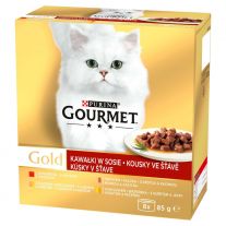 GOURMET GOLD Cat Multipack hovädzie/morka s kačicou/losos s kuraťom/kura s pečeňou v šťave (8x85 g)