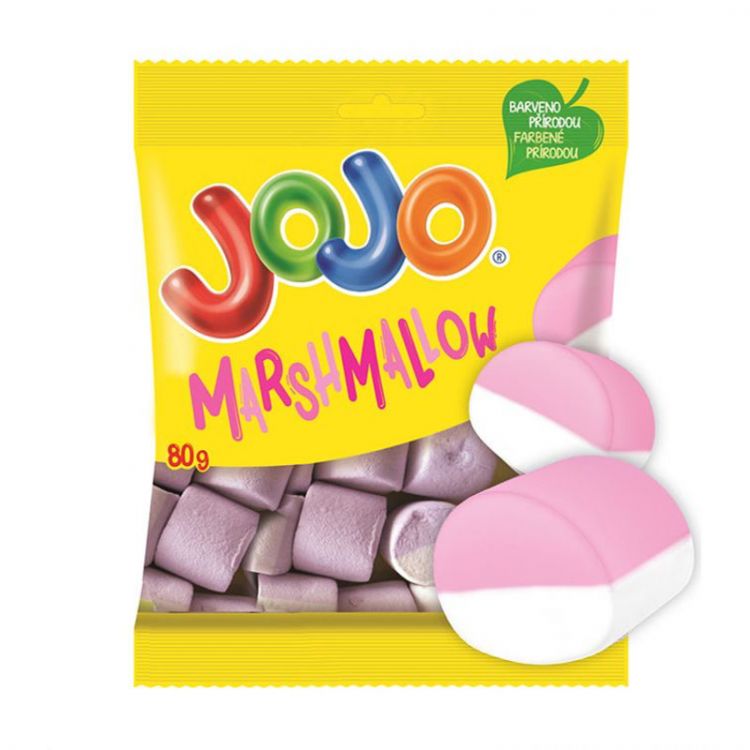JOJO Marshmallow penové cukríky s príchuťou jahody a vanilky 80 g