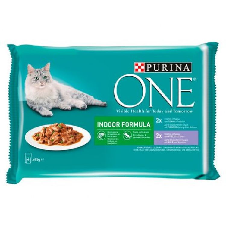 Purina ONE Indoor kapsičky pre mačky tuniak, teľacie v šťave 4×85 g