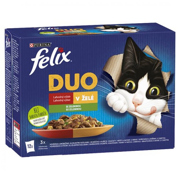 Felix Fantastic DUO kapsičky pre mačky hovädzie a hydina, jahňacie a kura, morka a kačica, bravčové a divina 12×85 g