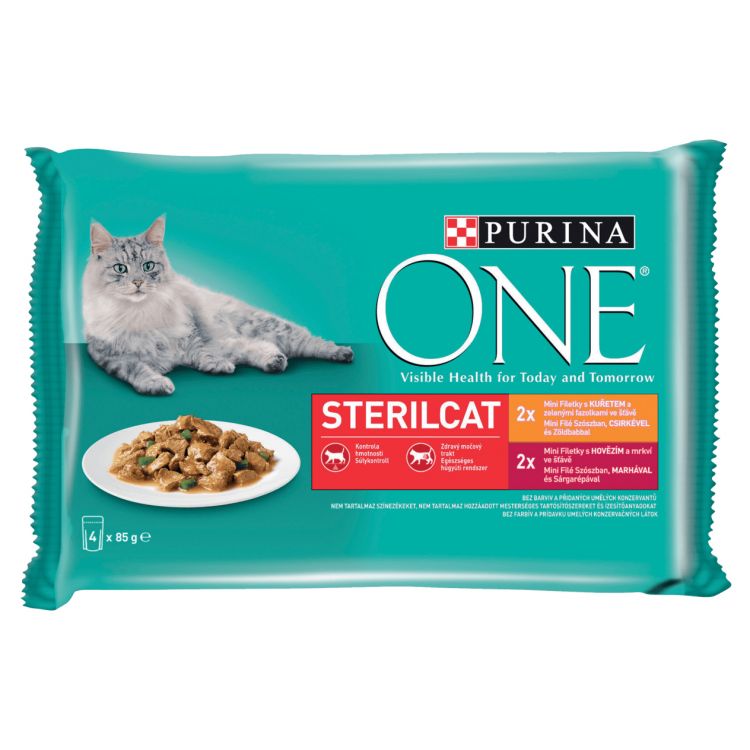 Purina ONE Sterilised kapsičky pre mačky kura, hovädzie v šťave 4×85 g