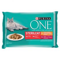 PURINA ONE Cat Multipack Sterilcat mini filetky s kuracím a zelenými fazuľkami / s hovädzím a mrkvou v šťave (4x85 g)
