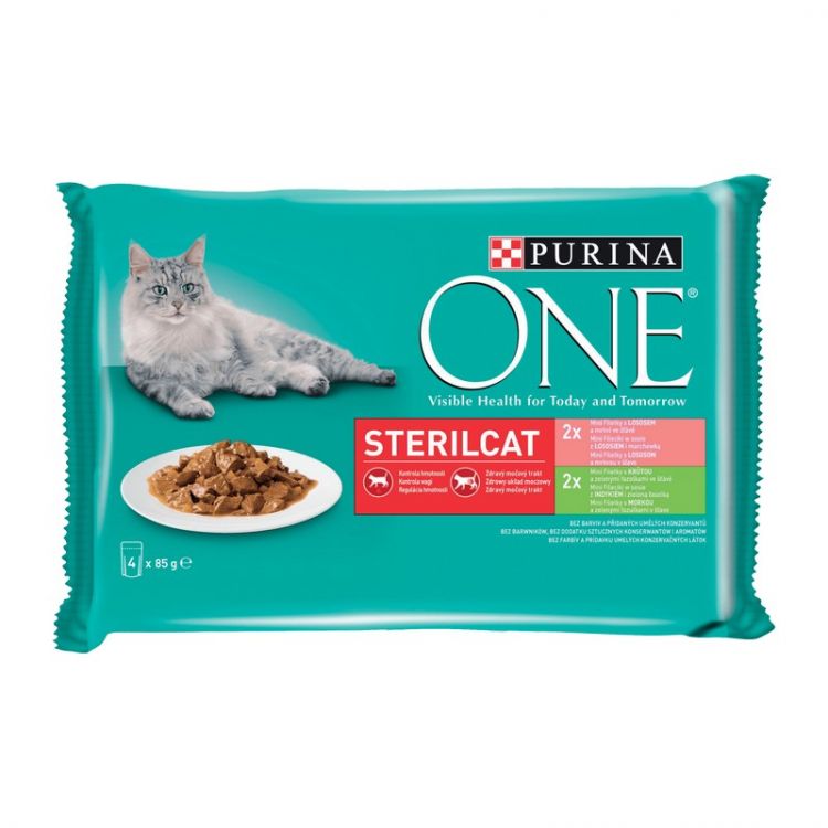 Purina ONE Cat Multipack Sterilcat mini filetky s morkou a zelenými fazuľkami / s lososom a mrkvou v šťave (4x85 g)