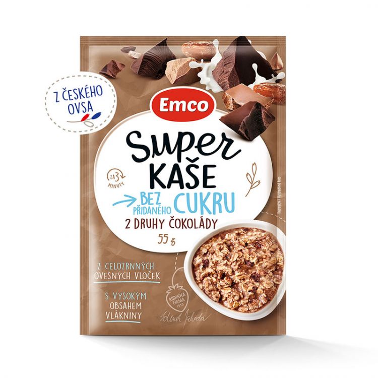 Emco Super kaša bez pridaného cukru 2 druhy čokolády 55 g