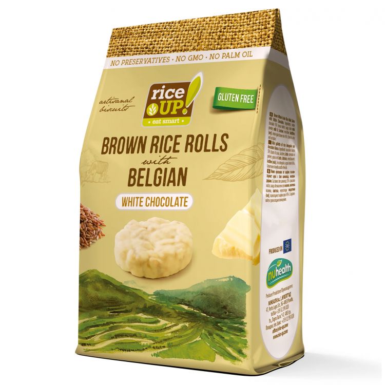 RiceUp! Pufované mini kolieska z celozrnnej hnedej ryže máčané v bielej čokoláde 50 g