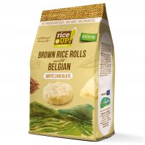 RiceUp! Pufované mini kolieska z celozrnnej hnedej ryže máčané v bielej čokoláde 50 g
