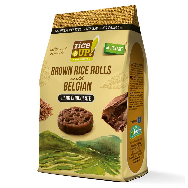 RiceUp! Pufované mini kolieska z celozrnnej hnedej ryže máčané v tmavej čokoláde 50 g