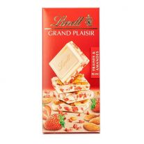 Lindt GRAND PLAISIR biela čokoláda s kúskami mandlí a jahodami 150g