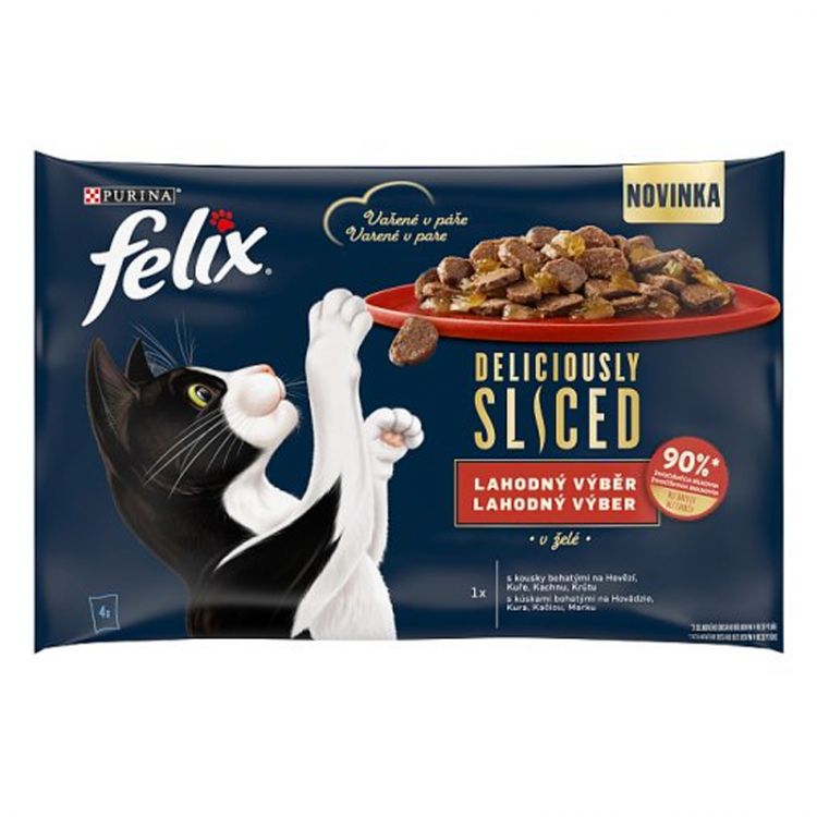 Felix Deliciously Sliced kapsičky pre mačky hovädzie, kura, kačica, morka v želé 4x80 g