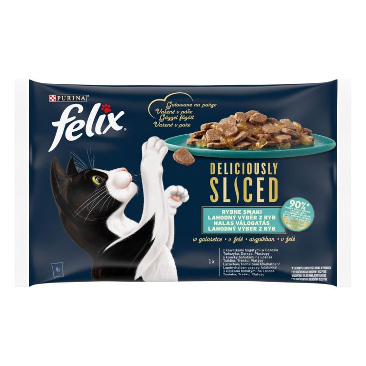 Felix Deliciously Sliced kapsičky pre mačky losos, tuniak, treska, platýs v želé 4x80 g