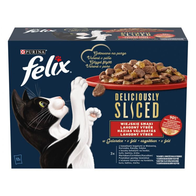 Felix Deliciously Sliced kapsičky pre mačky hovädzie, kura, kačica, morka v želé 12x80 g