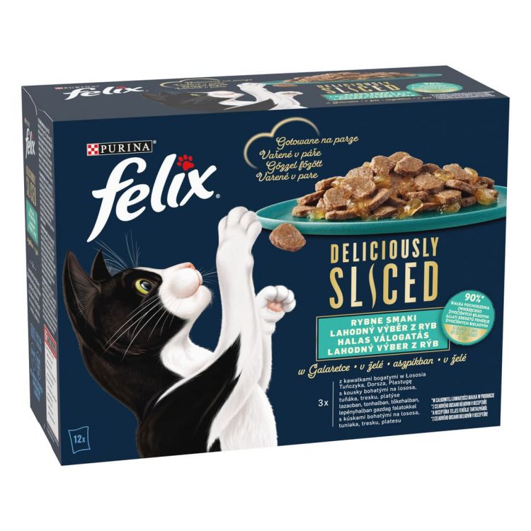 Felix Deliciously Sliced kapsičky pro kočky losos, tuňák, treska, platýs v želé 12x80 g