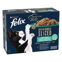 Felix Deliciously Sliced kapsičky pro kočky losos, tuňák, treska, platýs v želé 12x80 g