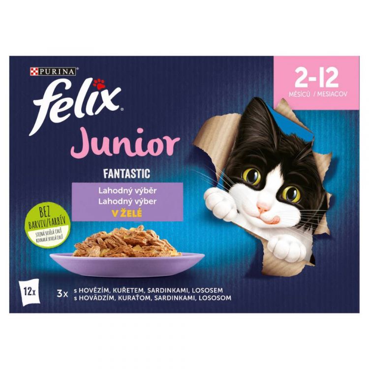 Felix Fantastic Junior kapsičky pre mačiatka hovädzie, kura, sardinky, losos v želé 12x85 g