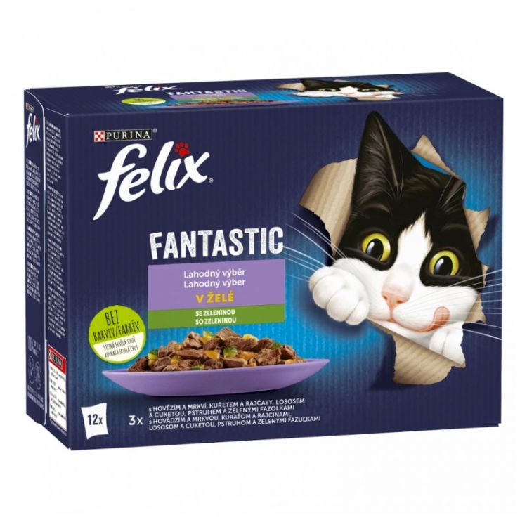 FELIX Fantastic Cat Multipack hovädzie s mrkvou/ kura s rajčinami/ losos s cuketou/ pstruh so zel. fazuľ. v želé (12x85 g)