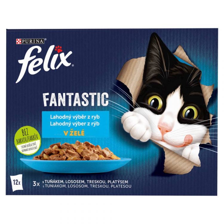 Felix Fantastic kapsičky pre mačky losos, platýs, tuniak, treska v želé 12×85 g