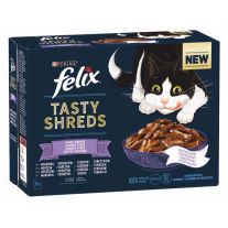 FELIX Tasty Shreds Cat Multipack hovädzie/kura/losos/tuniak v šťave (12x80 g)
