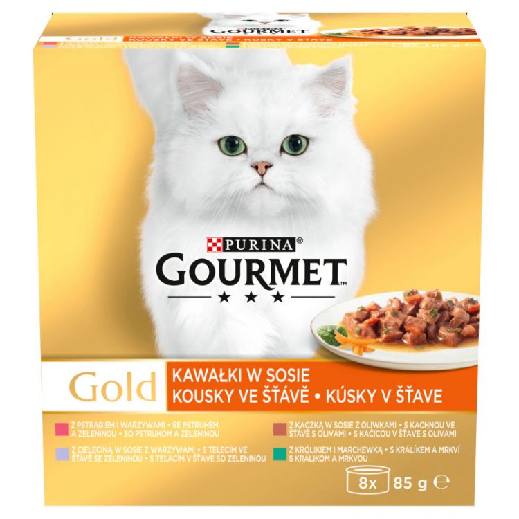 Gourmet Gold konzervy pre mačky kačica, pstruh, králik, teľacie v šťave 8×85 g