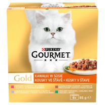GOURMET GOLD Cat Multipack kačica s olivami/teľacim so zeleninou/pstruh so zeleninou/králik s mrkvou v šťave (8x85 g)