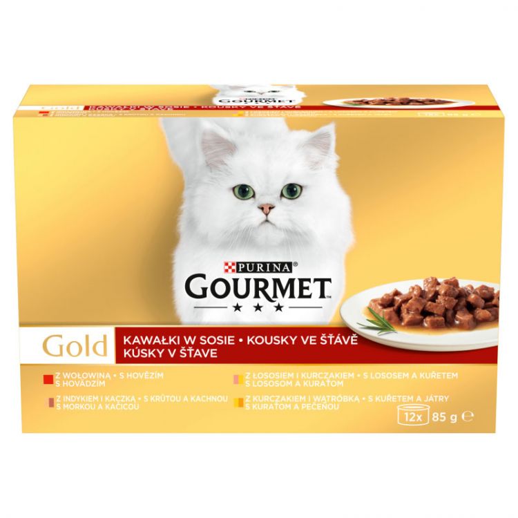 GOURMET GOLD Cat Multipack hovädzie/morka s kačicou/losos s kuraťom/kura s pečeňou v šťave (12x85 g)