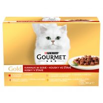 GOURMET GOLD Cat Multipack hovädzie/morka s kačicou/losos s kuraťom/kura s pečeňou v šťave (12x85 g)