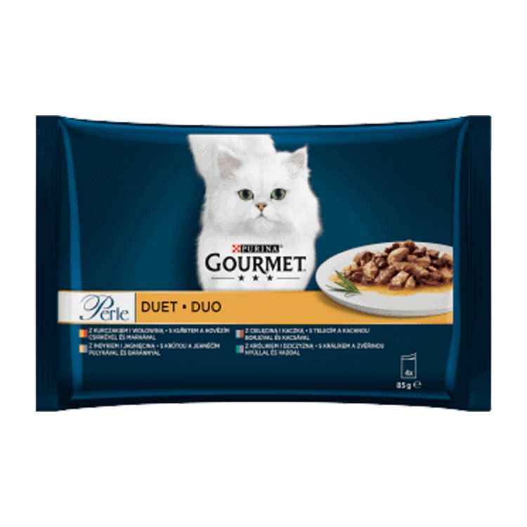 GOURMET PERLE Cat Duo Multipack kura s hovädzim/morka s jahňacim/teľacie s kačicou/kralik so zverinou (4x85 g)