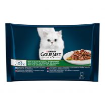 GOURMET PERLE Cat Multipack mini filetky teľacie so zeleninou/zverina so zeleninou/hovädzie s mrkvou/pstruh so špenatom v šťave (4x85 g)