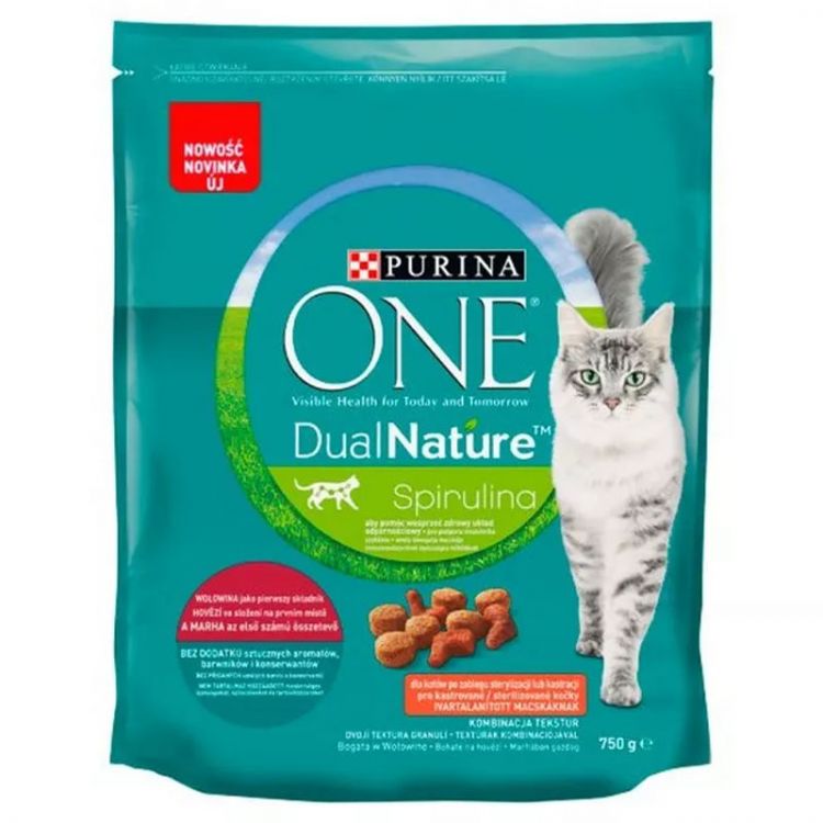 Purina ONE Dual Nature Sterilised granuly pre mačky spirulina, hovädzie 750 g