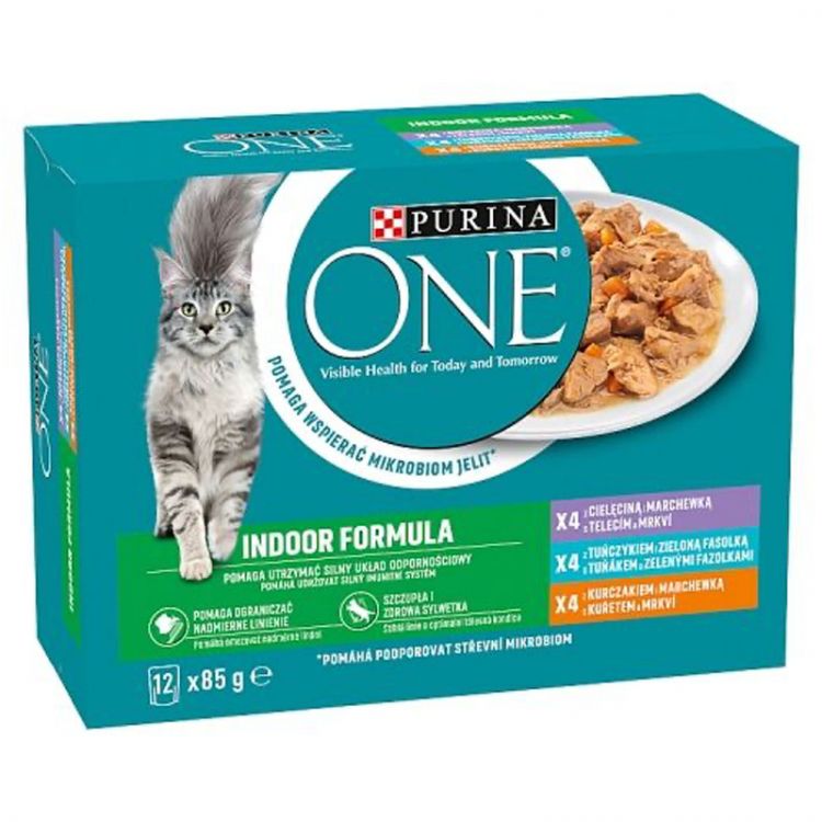 Purina ONE Indoor kapsičky pre mačky kura, tuniak, teľacie v šťave 12×85 g
