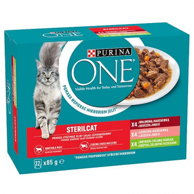 Purina ONE Sterilised kapsičky pre mačky hovädzie, losos, morka v šťave 12×85 g