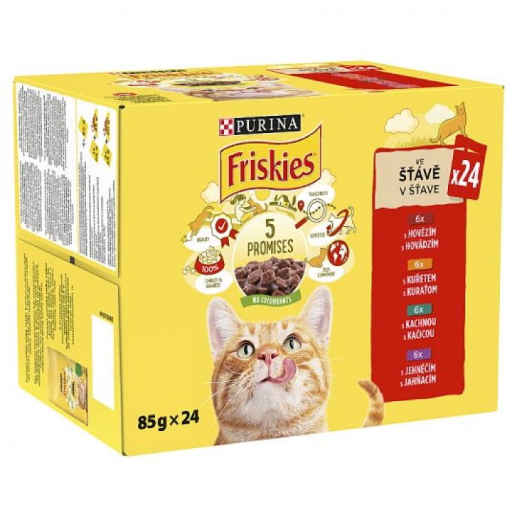 Friskies kapsičky pre mačky kura, hovädzie, jahňacie, kačacie v šťave 24×85 g