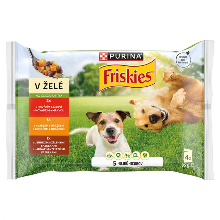 Friskies Adult kapsičky pre psov hovädzie, kura, jahňacie v želé 4x85 g