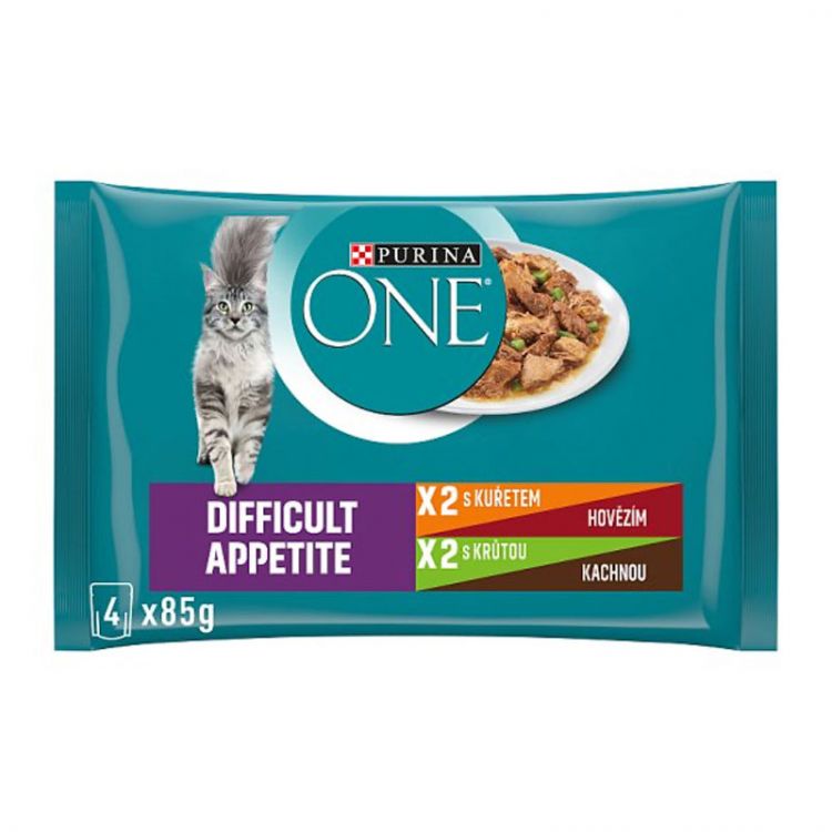 Purina ONE Difficult Appetite kapsičky pre mačky kura, hovädzie, morka, kačacie v šťave 4×85 g