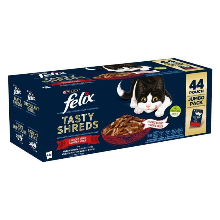 Felix Tasty Shreds kapsičky pre mačky hovädzie, kura, kačica, morka v šťave 44x80 g