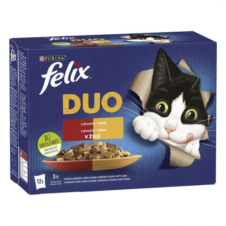 Felix Fantastic DUO kapsičky pre mačky kura a ľadvinky, hovädzie a hydina, morka a pečeň, jahňacie a teľacie 12×85 g