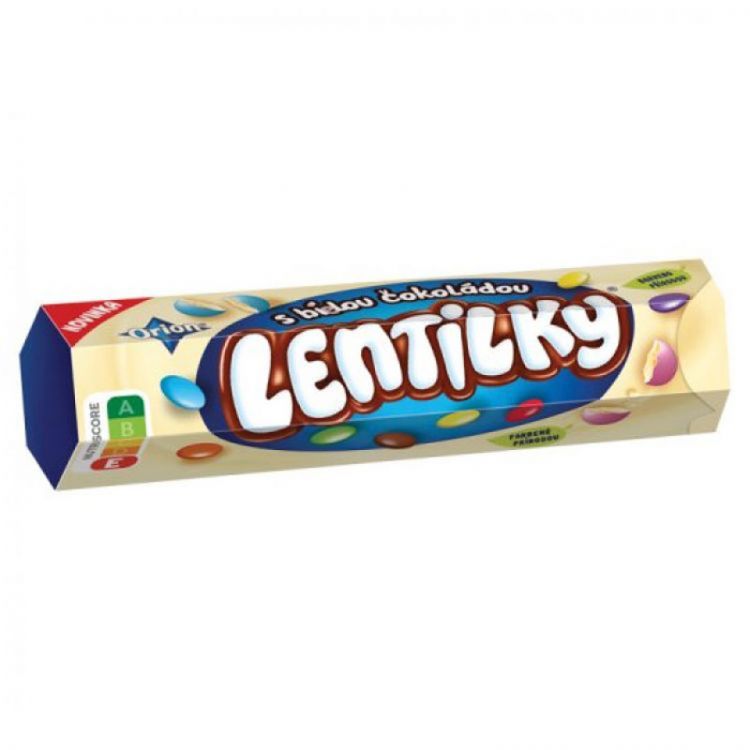 ORION LENTILKY Dražé z bielej čokolády, krabička 34 g