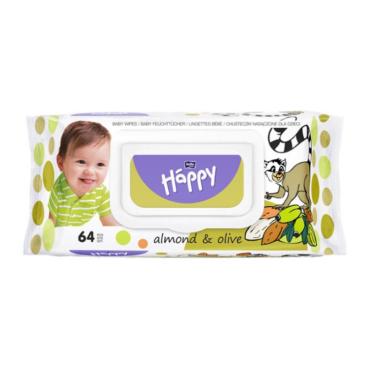 Happy vlhčené utierky výťažok z mandlí a lístkov olivy 64 ks