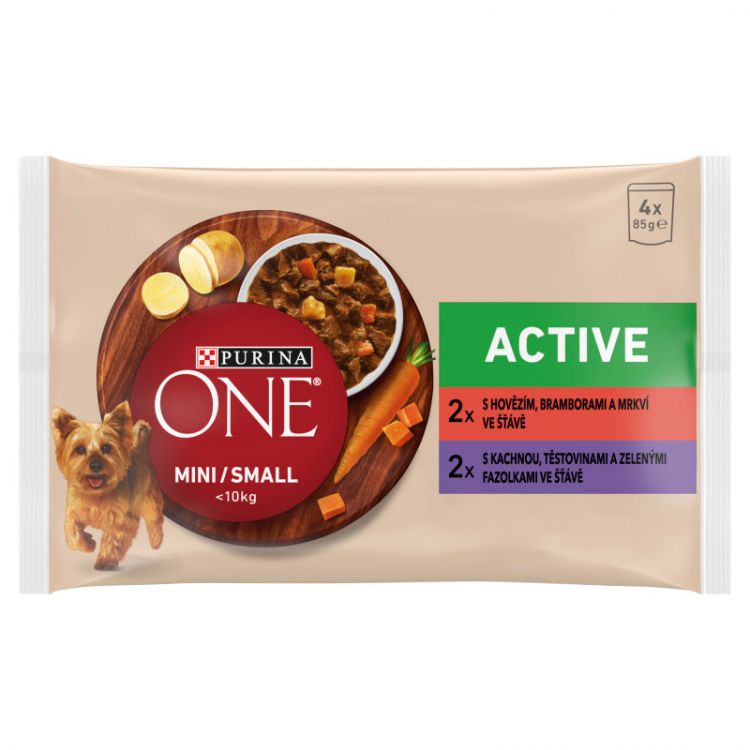 Purina ONE Mini Dog Active kapsičky pre psov hovädzie, kačica v šťave 4x85 g
