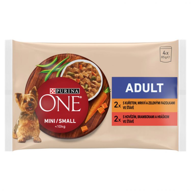 Purina ONE MINI Dog Adult Kura a Hovädzie v šťave 4x85 g